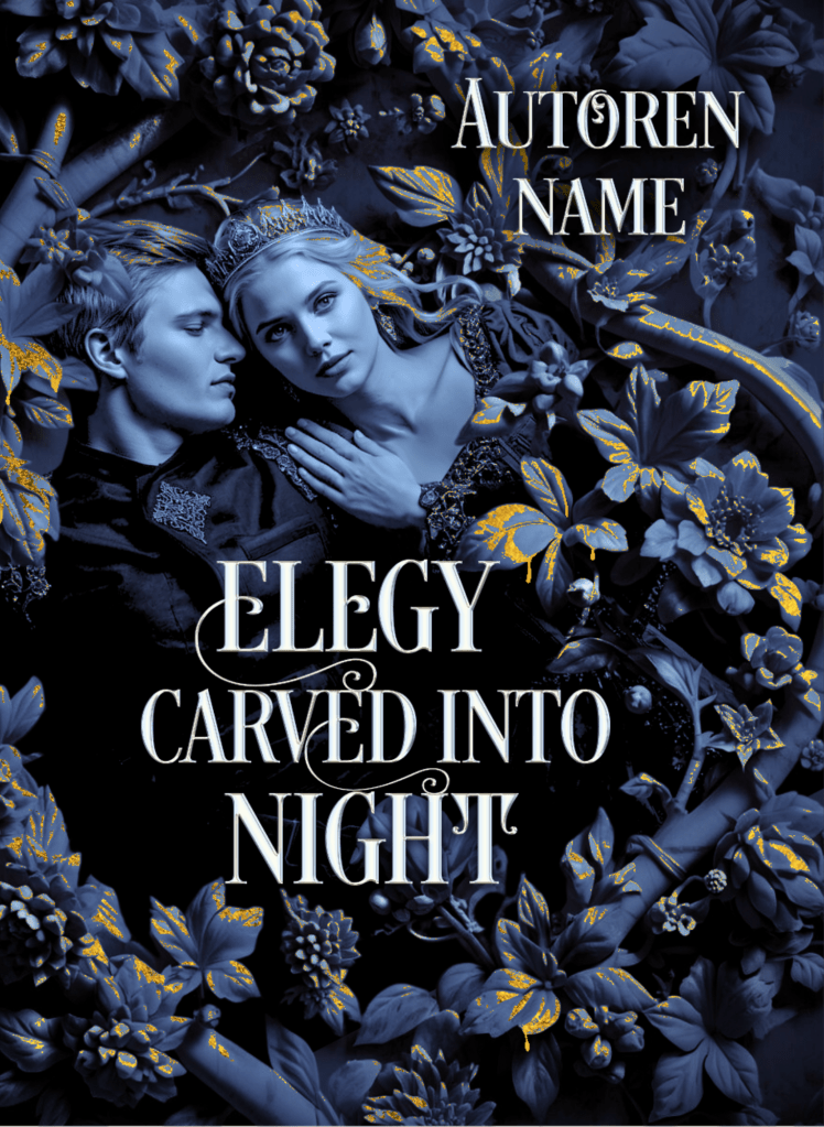 Buchcover-Premade Schrift in der Mitte. Ein romantisches Paar, Prinz und Prinzessin, liegen in einem Geflecht aus Pflanzen mit goldener Patina bei Nacht.