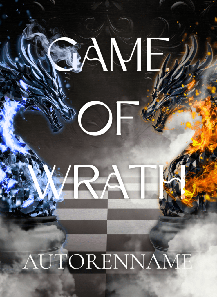 Buchcover-Premade Schrift groß in der Mitte. Links eine Schachfigur in Form eines Drachen mit Eis, rechts eine Schachfigur in Form eines Drachen mit Feuer. Der Untergrund ist ein Schachfeld, vorne ist weißer Rauch, im Hintergrund ein dunkles Muster. Vorderseite