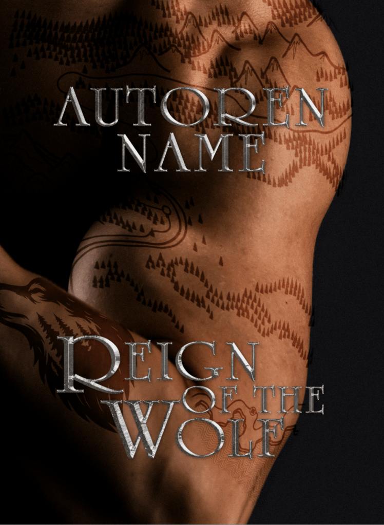 Buchcover-Premade maskuliner Arm mit Bizeps, darauf eine Landkarte als Tattoo und ein Wolf am Unterarm. Titel in Silber prangt davor. Vorderansicht geneigt.