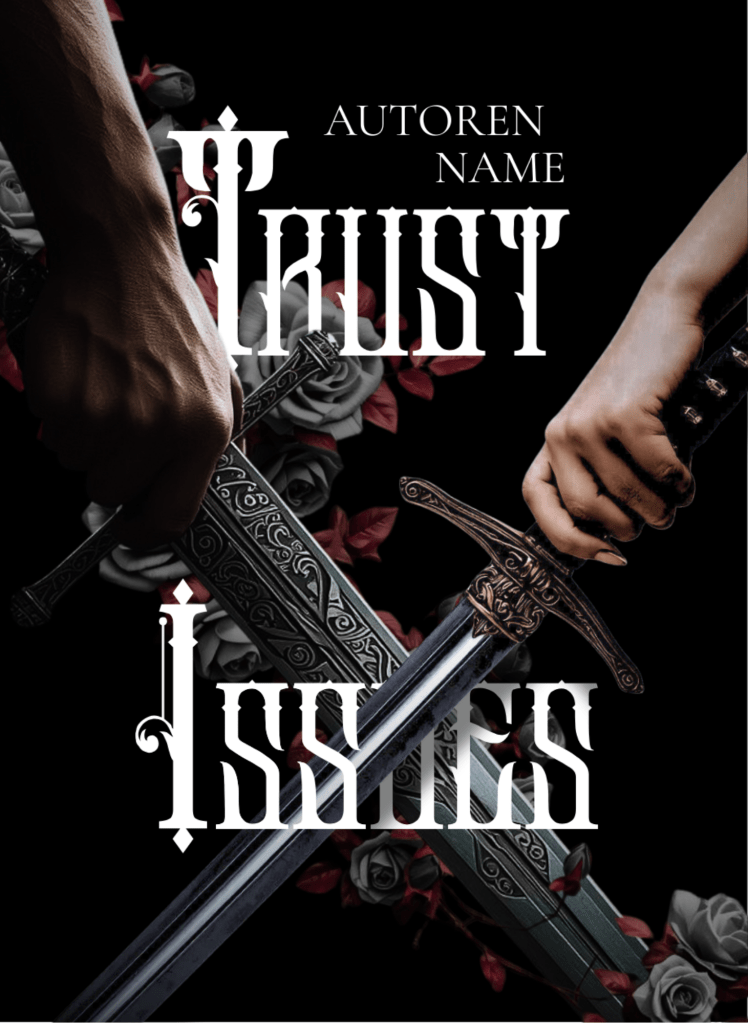 Buchcover Premade, Hände von einer Frau und einem Mann halten jeweils ein Schwert, die sich in der Mitte überkreuzen. Hinter der Männerhand ist Rosenlaub in gedeckten Farben. Die Schrift ist groß, weiß und teilweise verdeckt.