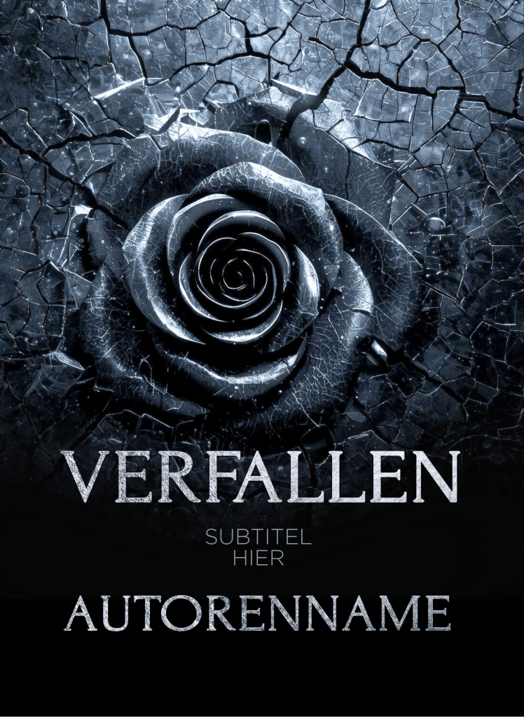 Buchcover Premade, steinerne Rose auf rissigem Grund, davor Schrift in eisernen Grau, Farben sind dunkel bis Schwarz.