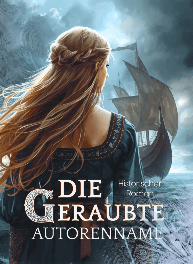 Buchcover Premade, eine junge Frau in historischem Kleid mit wehenden blonden Haaren mit dem Rücken zugekehrt und auf ein Segelschiff schauend. Hintergrund sind Wolken und das Meer in Blau. Im Vordergrund die Schrift in Weiß, ein Kapitälchen mit Wikingermuster geschmückt, subtil überdeckt mit Frost.