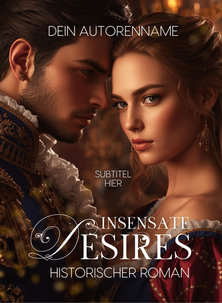 Buchcover Premade, Kopf und Schultern einer attraktiven Frau und eines attraktiven Mannes, beide historisch elegant gekleidet, die Köpfe berühren sich sinnlich. Die weiße Schrift im Vordergrund ist mit Schnörkeln geschmückt.