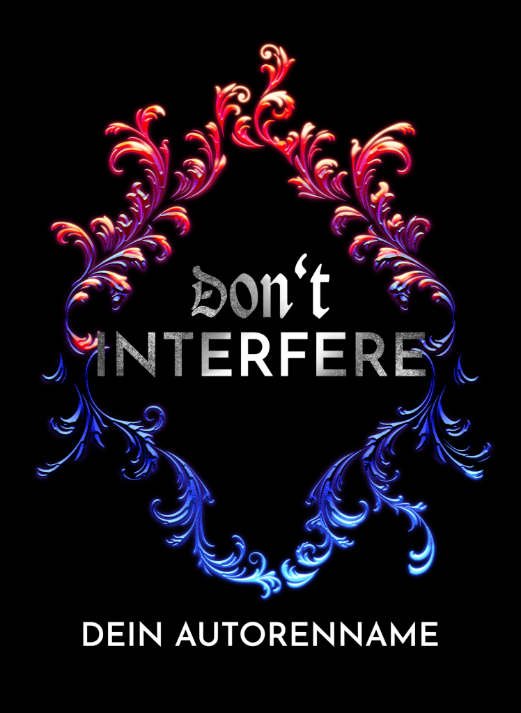 Buchcover Premade, ein Rahmen aus floralen Elementen in Rhombus-Form, das oben in warmen Farben glüht und unten blau glüht. In der Mitte große weiße Schrift mit silbernen Tönen. Schwarzer Hintergrund.