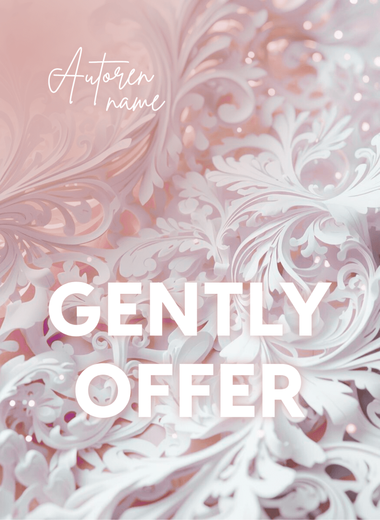 Buchcover Premade, weiße Schrift groß mittig vor weißen Schnörkeln aus Papier, dreidimensional gerendert, Ecke links oben rosa. Zart und romantisch.