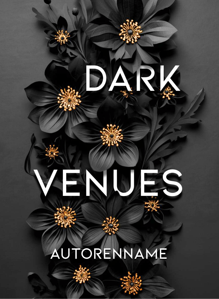 Buchcover Premade, weiße Schrift vor einem breiten, vertikalen Streifen aus schwarzen Blumen mit goldenen Mitten vor schwarzem Hintergrund.