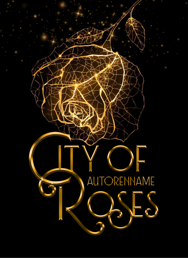 Buchcover Premade, eine Rose, deren goldene Konturen die Straßen einer Stadt von oben anmuten lassen. Darunter der Titel in goldener Schrift, deren Kapitälchen miteinander verbunden sind.