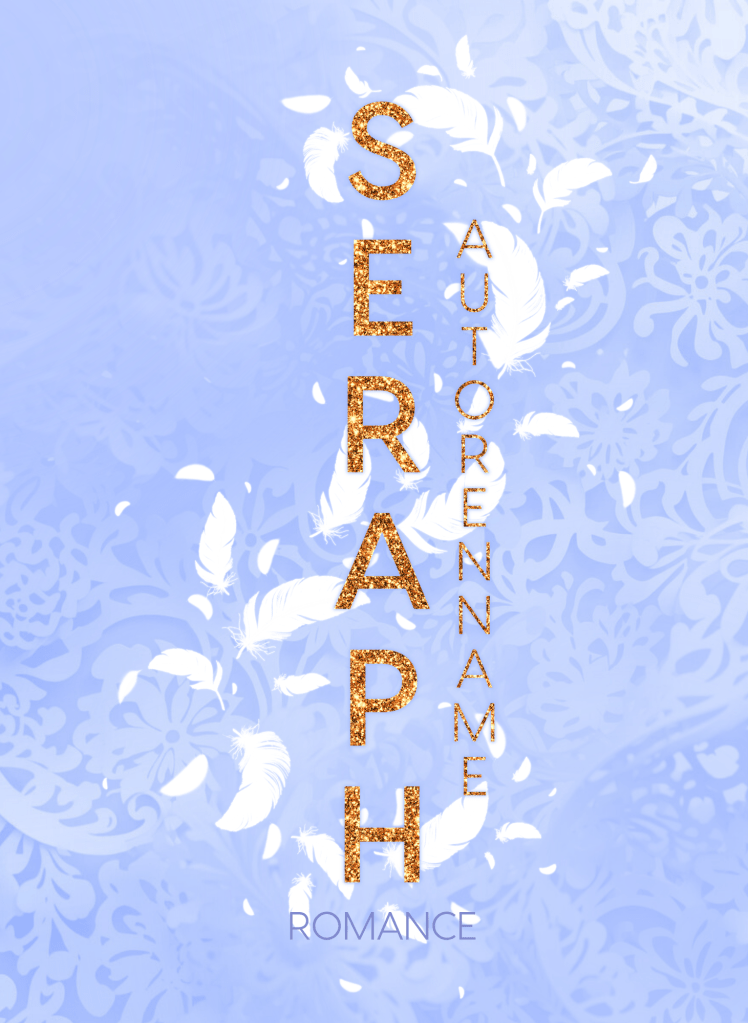 Buchcover Premade, golden glitzernde Schrift groß mittig vertikal, umwickelt von weißen Federn vor einem hellen blauen Hintergrund mit subtil angedeuteten Mustern.