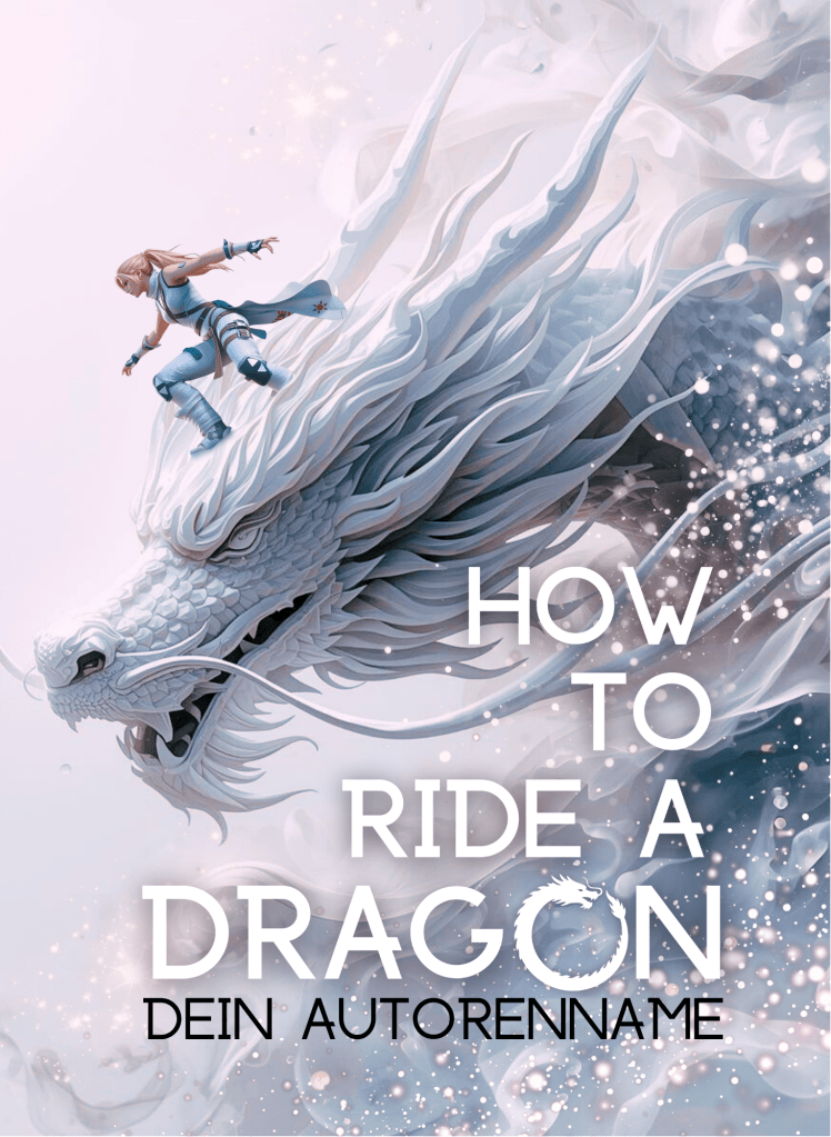 Buchcover Premade, weiße Schrift versetzt vor einem riesigen Kopf eines weißen chinesischen Drachen, auf dem eine junge sportliche Frau steht. Der Hintergrund ist zwartes rosanes Weiß und glitzernder Schnee.