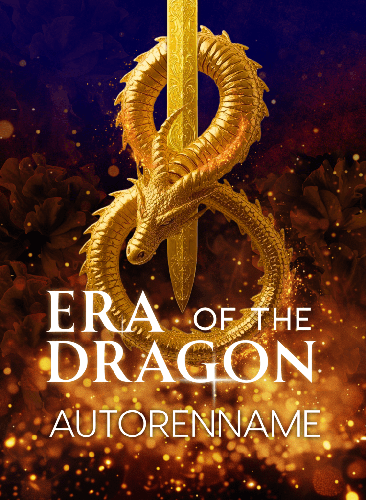 Buchcover Premade, ein goldener chinesischer Drache schlängelt sich in Form der Zahl acht um eine goldene Schwertklinge über Glut, im Hintergrund dunkle Rosen und Blau. Im Vordergrund weiße Schrift.