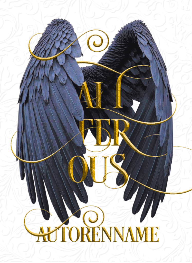 Buchcover Premade, goldene Schrift mit langen Schnörkeln, die ein Paar von dunklen Engelsflügeln umwickeln, der Hintergrund ist weiß dekoriert.