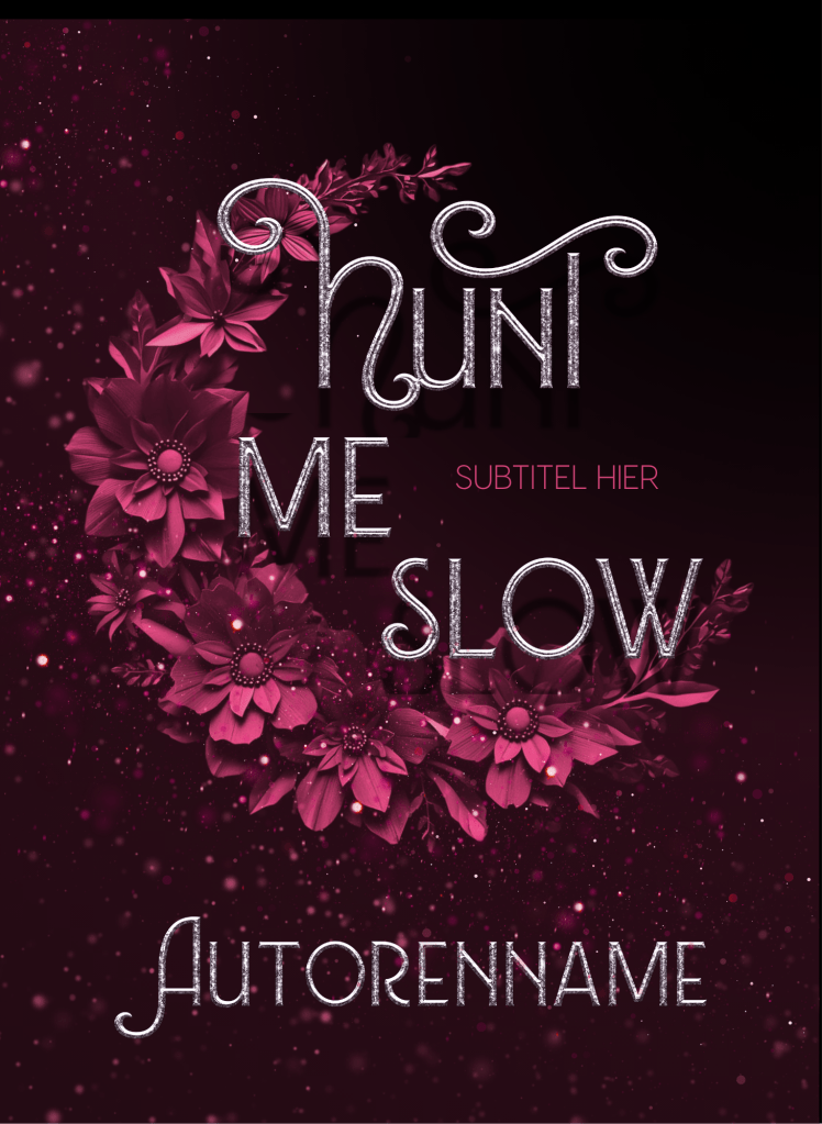 Buchcover Premade, geschwungene Schrift vor einer Mondsichel gemacht aus Papierblumen in tiefem Rot. Außenrum Glitzer vor einem dunklen Hintergrund.