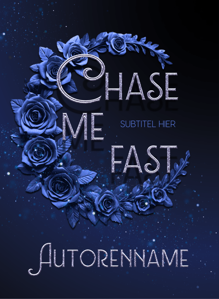 Buchcover Premade, geschwungene Schrift vor einer Mondsichel gemacht aus Papierblumen in tiefem Blau. Außenrum Glitzer vor einem dunklen Hintergrund.