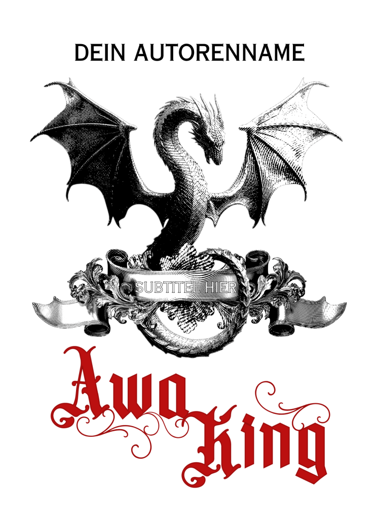 Buchcover Premade, schlangenartiger Drache mit Flügeln, dessen Schwanz sich um einen geschmückten Banner windet, darunter große, rote Schrift mit Schnörkeln. Hintergrund ist weiß.