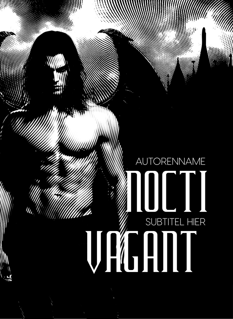 Buchcover Premade, ein junger Mann mit freiem Oberkörper und schwarzen Flügeln steht links, rechts im Hintergrund wird eine Kirche angedeutet vor einem Himmel. Schrift ist weiß und überlagert den Arm des Mannes. Alles im Stil eines Linolschnitts in Schwarz und Weiß.