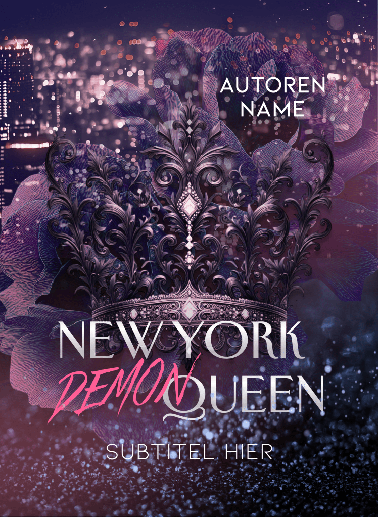 Buchcover Premade, weiße und pinke Schrift vor einer schwarzen Krone, dahinter zwei Rosen und angedeutet die Lichter einer Stadt. Unterhalb der Schrift dunkler Hintergrund mit Glitzer.