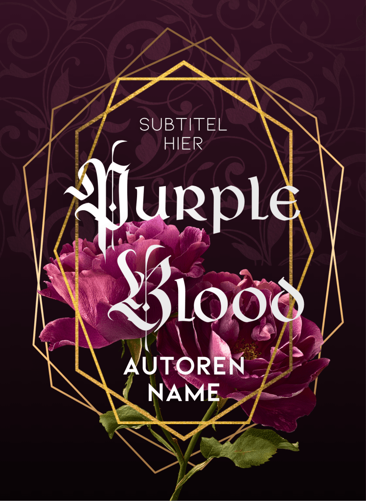 Buchcover Premade, mittelalterliche, weiße Schrift groß mittig vor zwei roten Blumen innerhalb mehreren goldenen, geometrischen Rahmen vor einem purpur-roten, geschmückten Hintergrund.