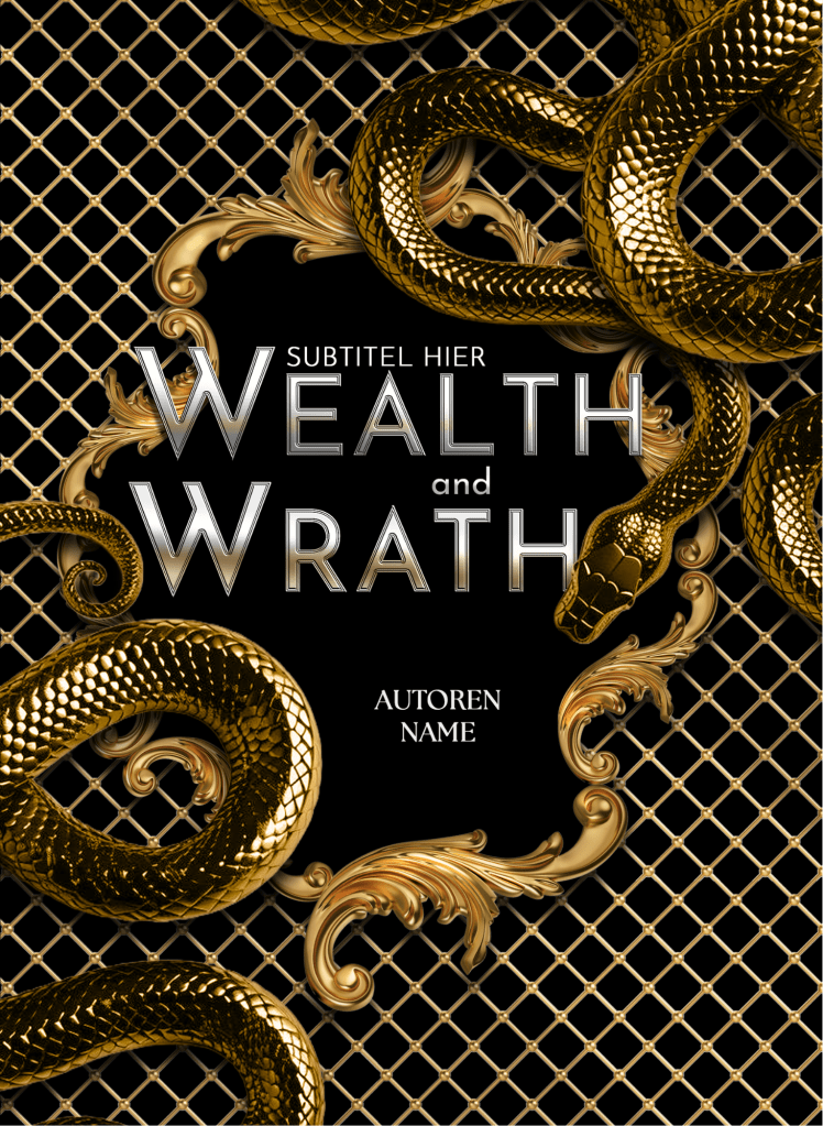 Buchcover Premade, silberne Schrift vor einem ovalen, verzierten goldenem Filigranrahmen und zwei metallisch goldenen Schlangen, um die sich zwei goldene Schlangen um die Ränder winden. Dahinter ein goldenes Gittermuster auf schwarzem Hintergrund.