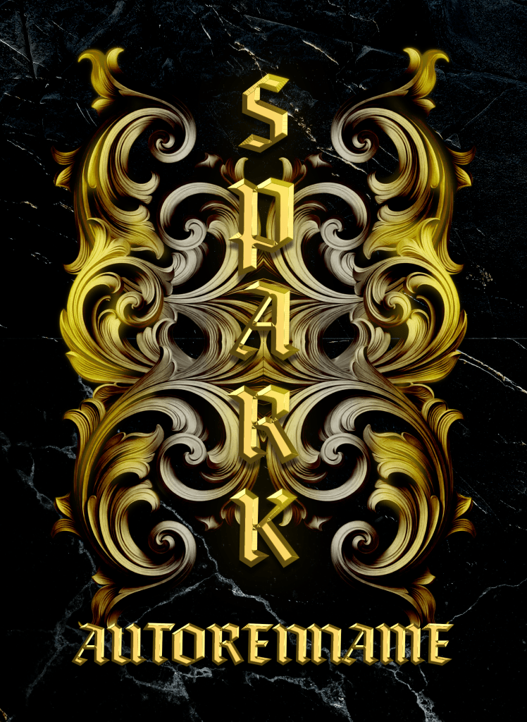 Buchcover Premade, große goldene Schrift vertikal vor geschwungenen und gedrehten goldenen Elementen, dahinter schwarzer Grund mit subtilen Steinmaserungen.
