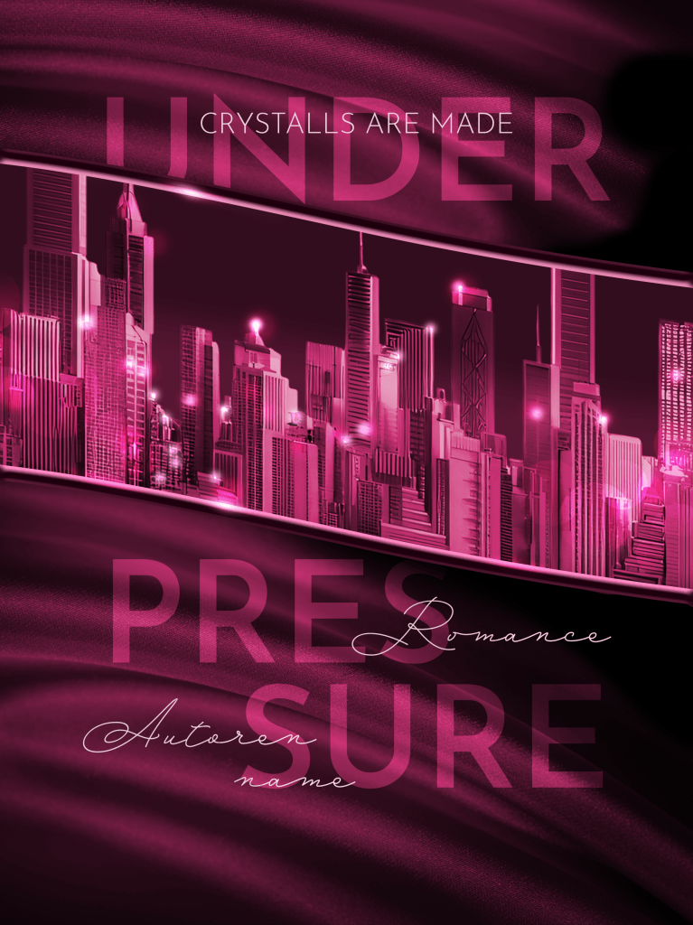 Buchcover Premade, eine Stadt in einer leicht diagonalen Spalte, die Kristalle assoziieren sollen, darüber und darunter seidige dunkel magenta Wellen mit großer transparenter Schrift. 
