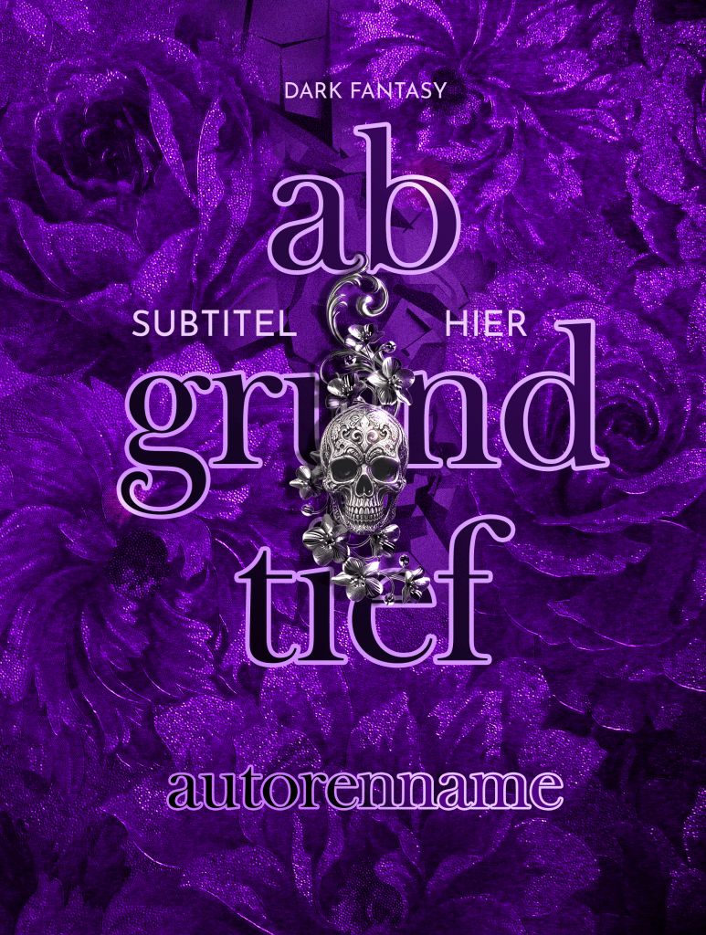 Buchcover Premade, große schwarze Schrift mit Kontur auf drei Zeilen, darauf ein ornater Totenkopf mit Schmuck, der Hintergrund purpur und besteht aus Rosenmotiven und einem Streifen aus aufgebrochenem Boden.