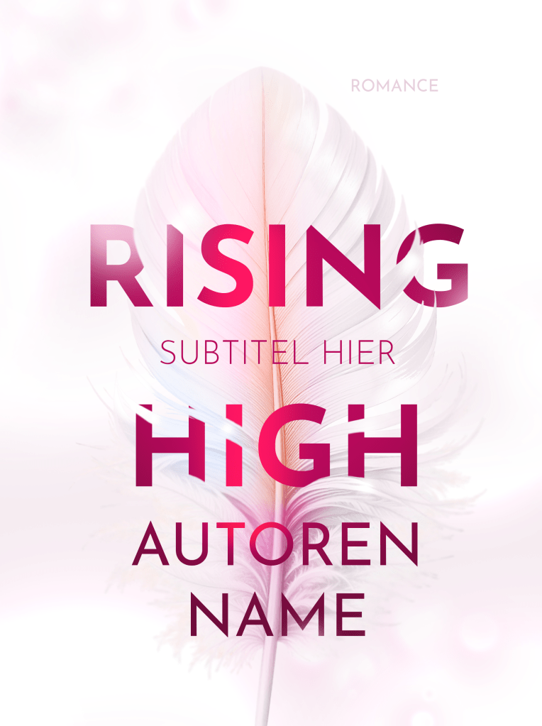 Buchcover Premade, große weiße Feder mit irisierendem Glanz, davor große rote Schrift, teilweise eingebunden in die Feder. Der Hintergrund ist weiß und zart rosa.