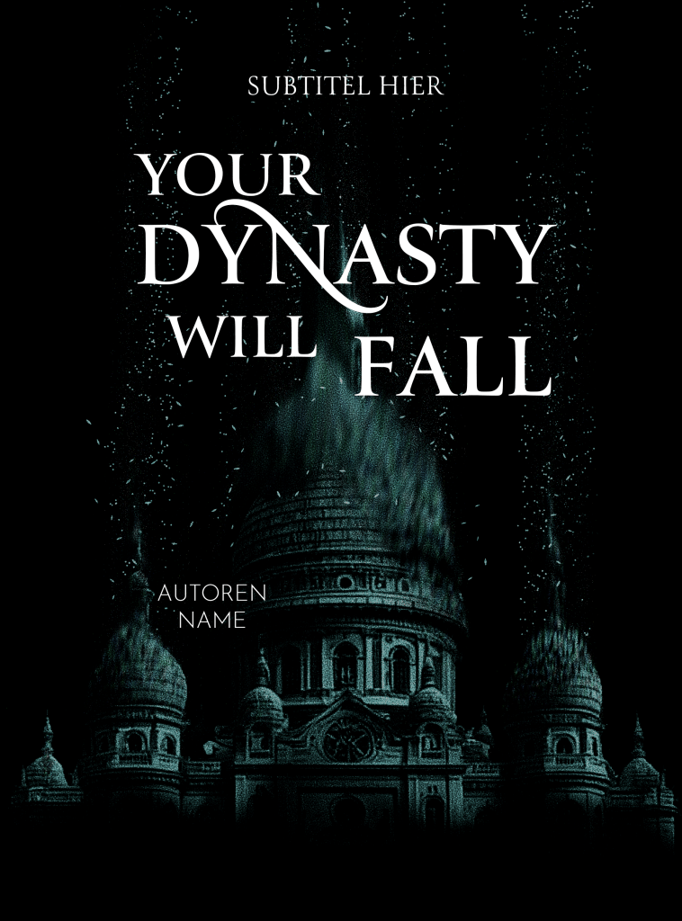 Buchcover Premade, große weiße Schrift vor einem Palast, das sich nach oben hin auflöst, die Partikel heben sich vertikal nach oben. Die Farben sind dunkelgrün auf schwarzem Hintergrund und mit körniger Optik.