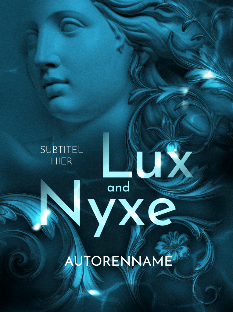 Buchcover Premade, weiße Schrift mittig vor einem aquatisch blauen Grund mit ästhetischen, gebogenen Ranken und dem Gesicht einer Frauenstatue.