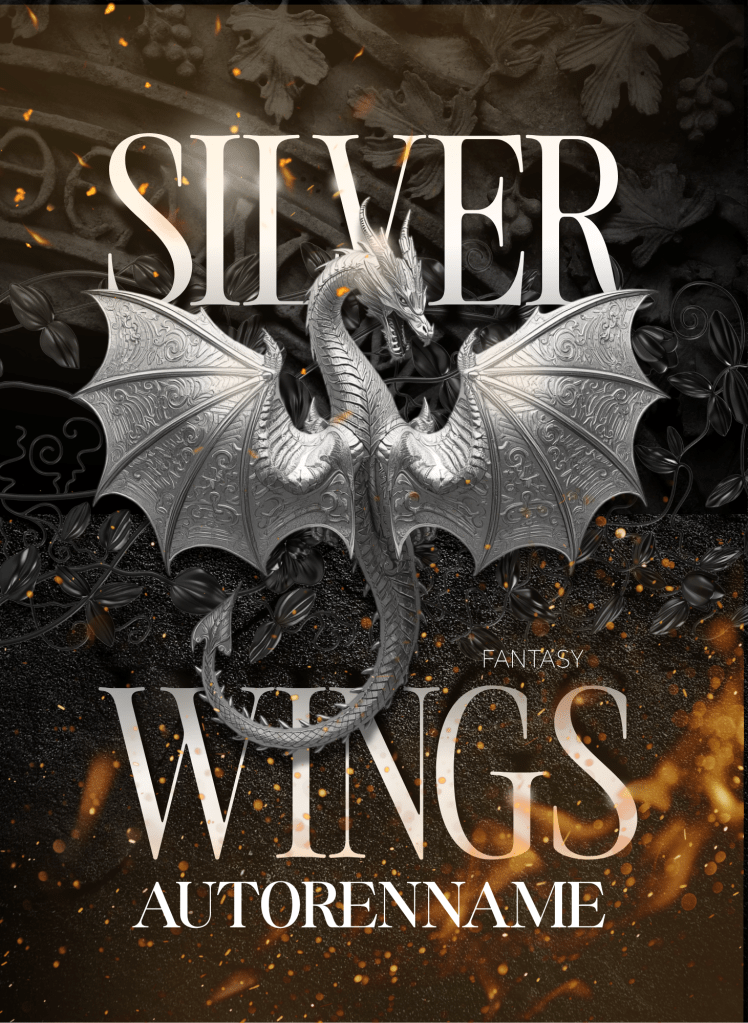Buchcover Premade, groß mittig ein silberner Drache vertikal von hinten mit ausgestreckten Flügeln, dahinter große silber-weiße Schrift auf einem Hintergrund aus antiker Architektur, schwarzem Laub in der Mitte und Flammen.