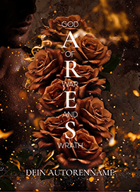 Buchcover-Premade Schrift vertikal in der Mitte vor feuerroten Rosen, im Hintergrund links Gesicht und Oberkörper eines Mannes angedeutet und fliegende Glut. Vorderseite gekippt.