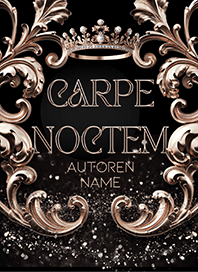 Buchcover-Premade Schrift groß mittig, umrahmt von aufwendigen, baroquen, dreidimensionalen, roségoldenen Elementen und dazwischen eine Krone, stehend in Glitzer vor schwarzem Hintergrund.