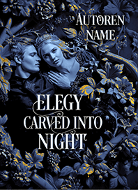 Buchcover-Premade Schrift in der Mitte. Ein romantisches Paar, Prinz und Prinzessin, liegen in einem Geflecht aus Pflanzen mit goldener Patina bei Nacht.