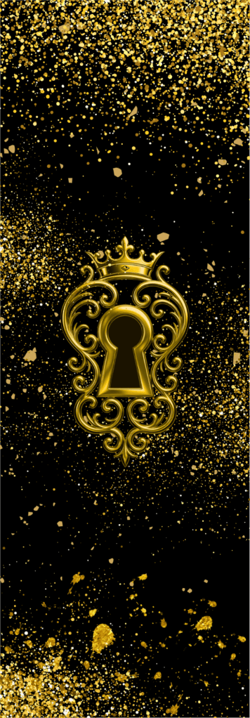 Farbschnitt für Deinen Romantasy-Roman, zerstaubte Goldpartikel, mit einem goldenen ornaten Schlüsselloch mit Krone