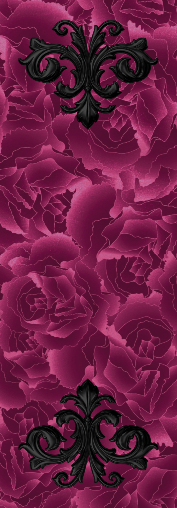 Farbschnitt für Deinen Romantasy-Roman, Hintergrund aus tiefroten Rosen, mit schwarzen Motiven oben und unten