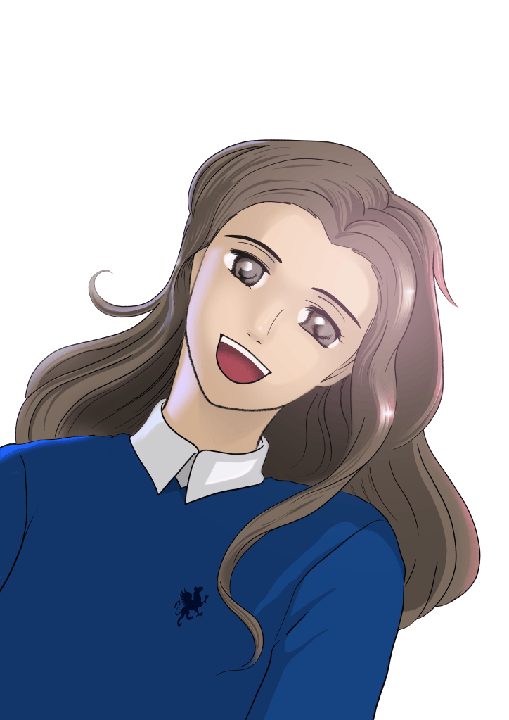Buchillustration für Deinen Roman, junges Mädchen mit braunem Haar und blauen Pullover, die lacht